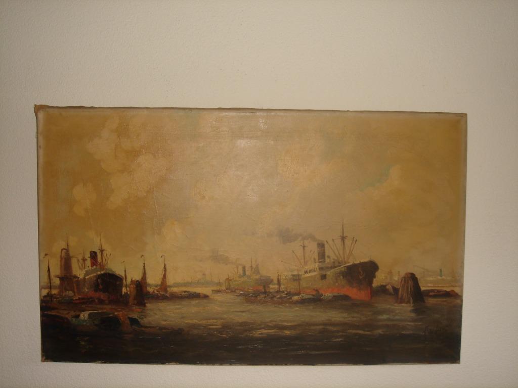 Large oil - Adrianus Verveen (1912-1988), Harbor view., Ophalen of Verzenden