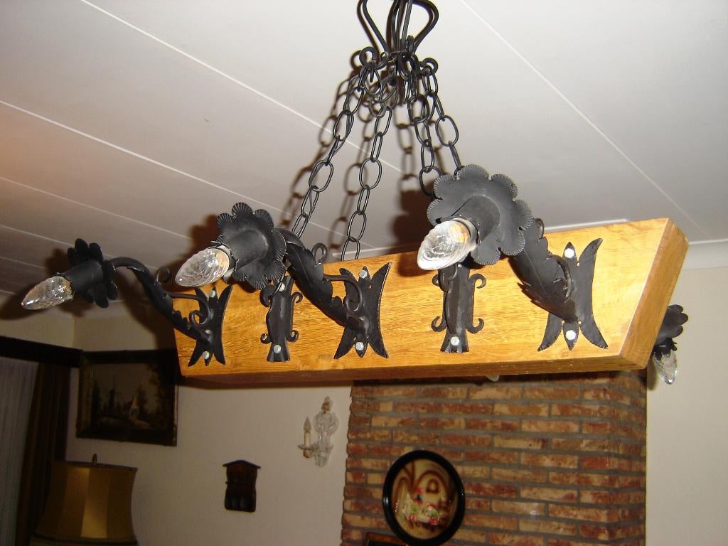 Mooie smeedijzeren kroonluchter !!!, Huis en Inrichting, Lampen | Kroonluchters, Ophalen, Gebruikt, Hout, Landelijk