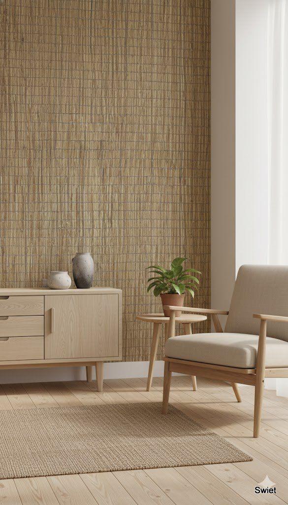 14287 bamboe look vintage behang naturel bruintinten swiet , Huis en Inrichting, Stoffering | Behang, Bruin, 75 m² of meer, Ophalen of Verzenden