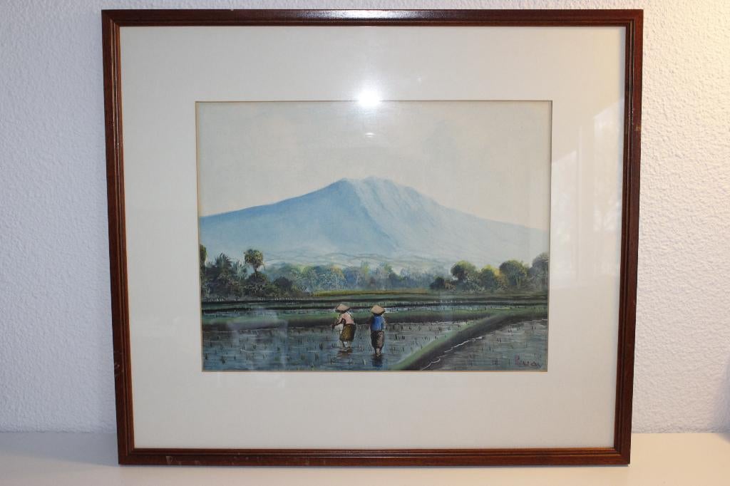 Aquarel van een Indisch Indonesisch Javaans rijstveld Rudy, Antiek en Kunst, Ophalen