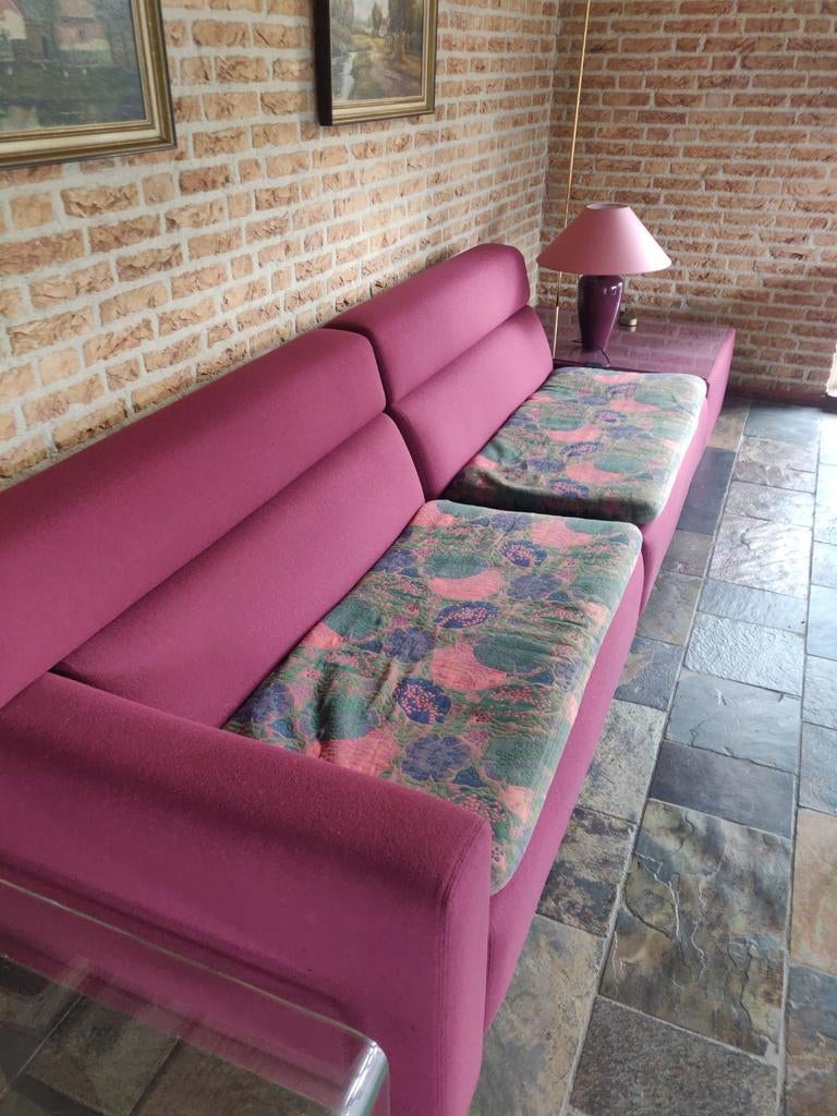 Vintage Magenta Bank & Fauteuils - Jaren 90 Retro, Ophalen, Driepersoons, 75 tot 100 cm, Rechte bank