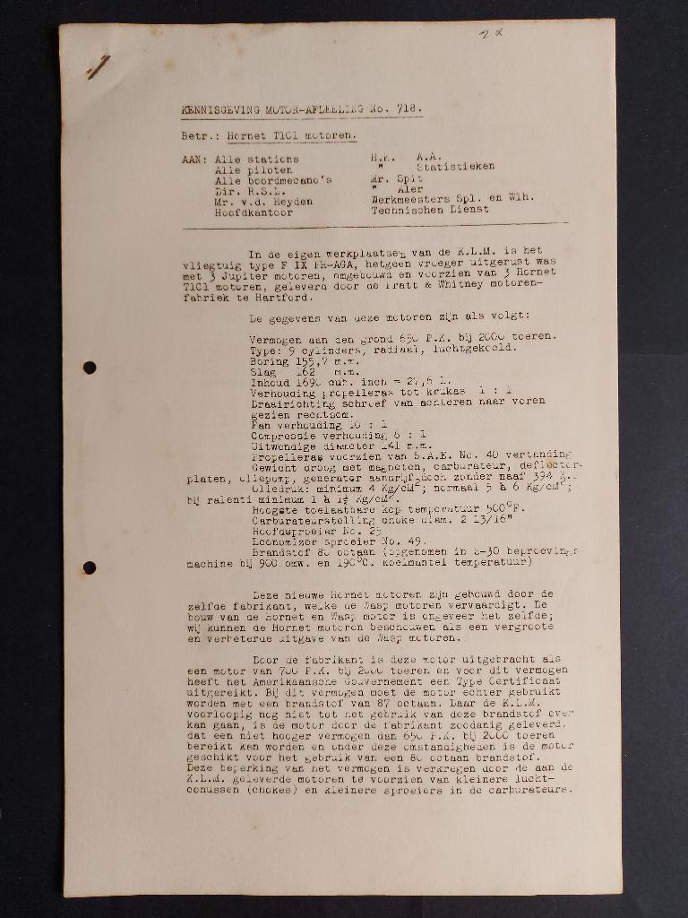 KLM kennisgeving motor-afdeeling no.718 uit 1933 (K1015), Ophalen of Verzenden, Gebruikt, Boek of Tijdschrift