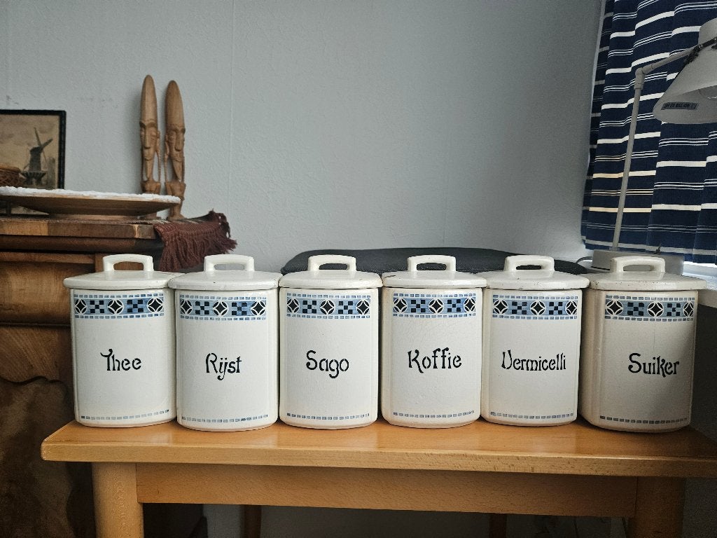 Set van 6 antieke geglazuurde aardewerk voorraadpotten, Ophalen of Verzenden