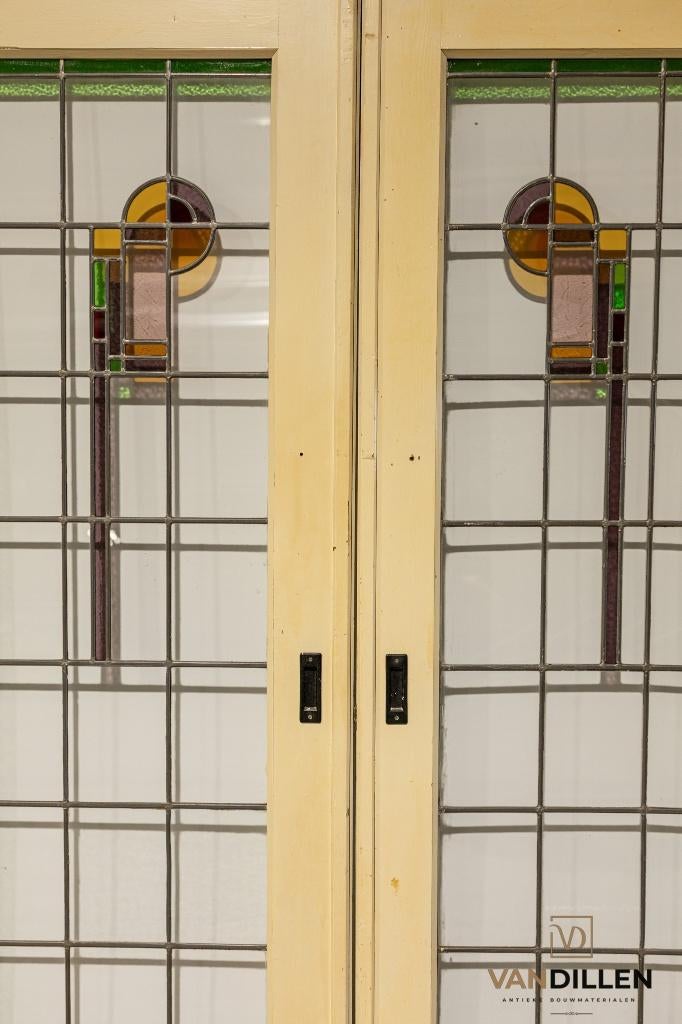 Art Deco ensuite schuifdeuren met glas in lood 213 x 155, Doe-het-zelf en Verbouw, Ophalen, 120 cm of meer, Binnendeur, Zo goed als nieuw