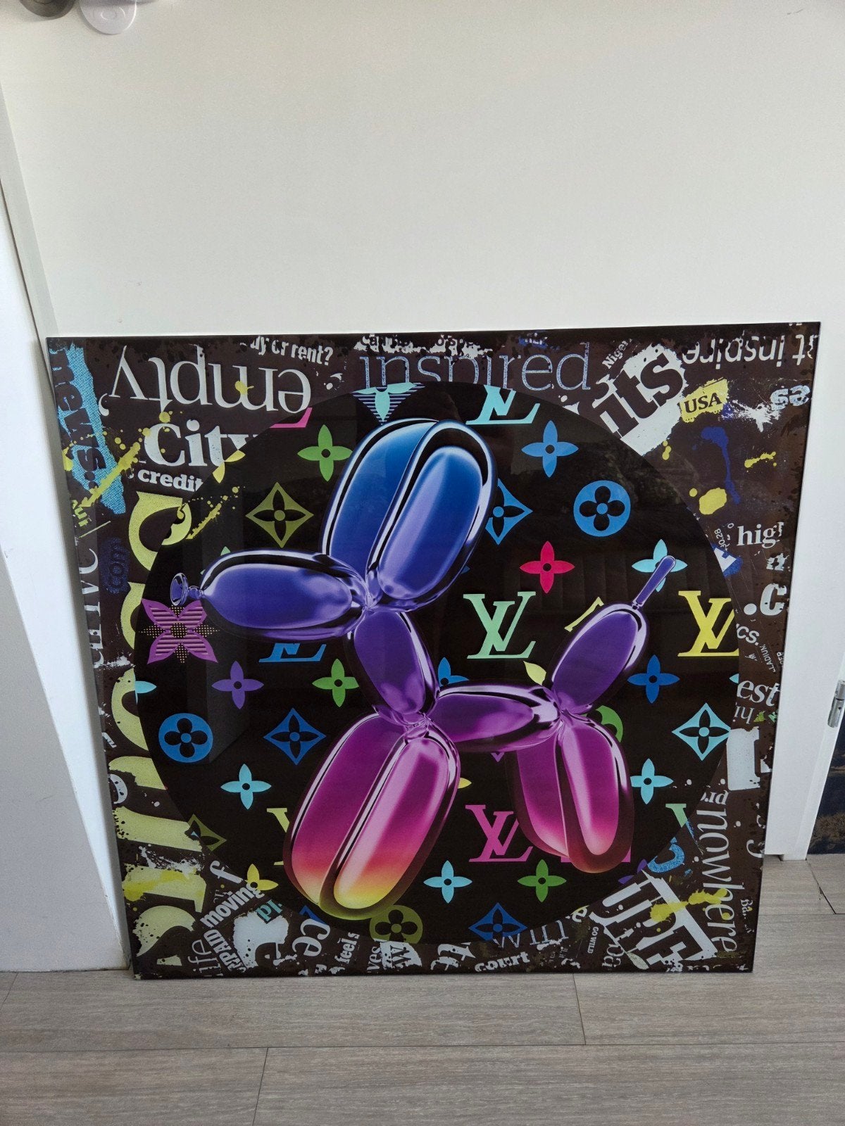 Glas Schilderij Ballonhond met Louis Vuitton-thema, Ophalen of Verzenden, Kunststof, Print, Dieren