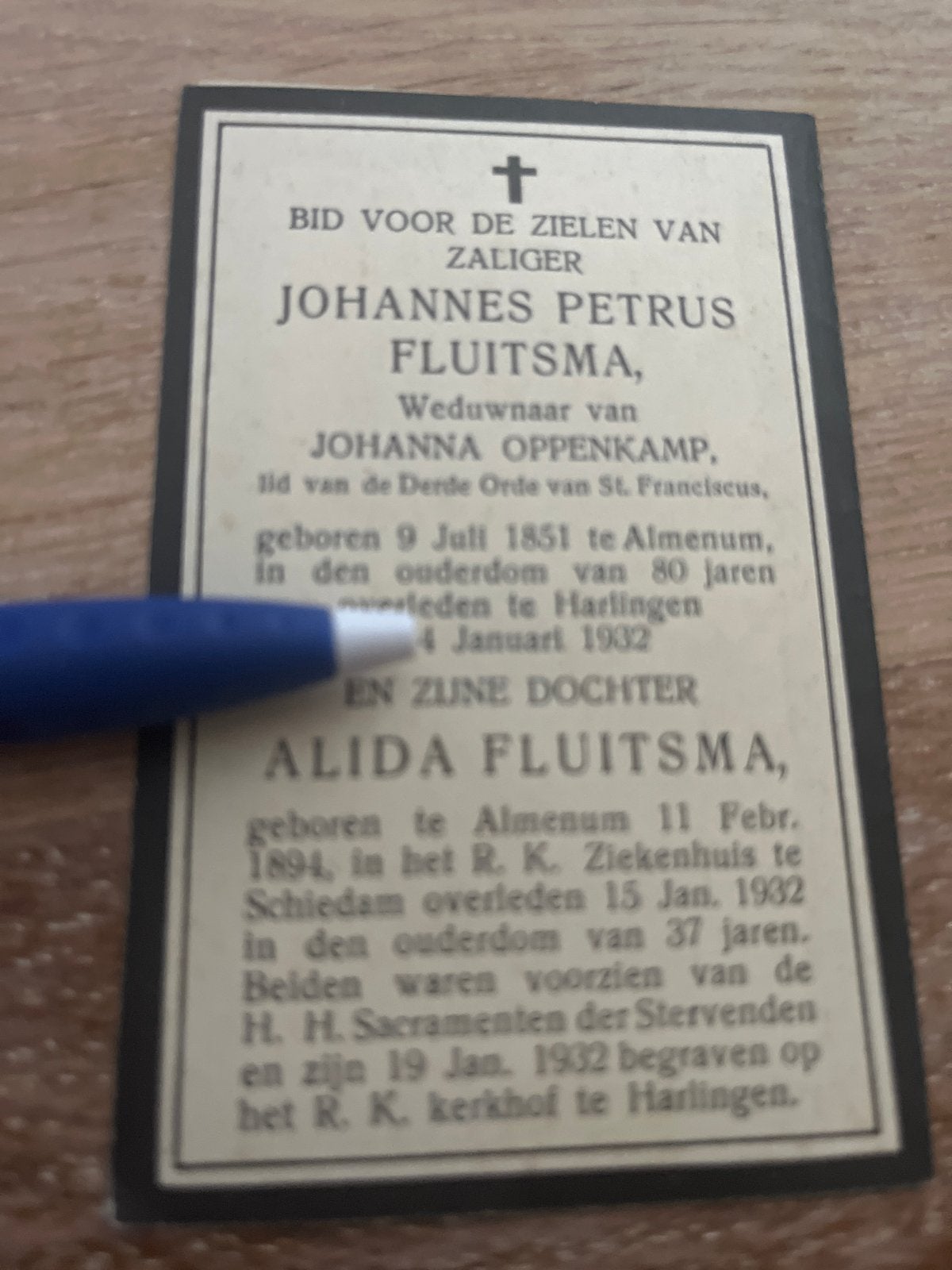Fluitsma Joh 1932 Harlingen x Oppenkamp Alida 1932 Schiedam, Ophalen of Verzenden, Bidprentje