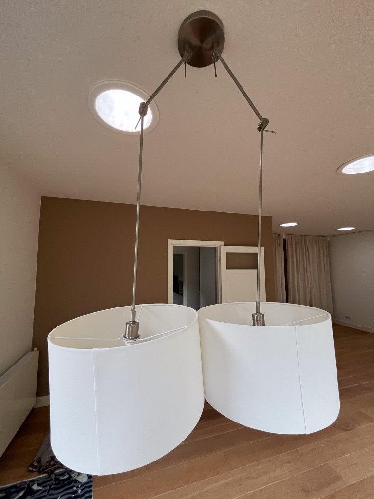 Hanglamp verstelbaar met 2 witte kappen, Ophalen, Gebruikt, Landelijk-modern-eigentijds-klassiek, Textiel