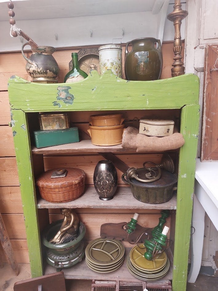 Uniek Brocante Groen Rek / Wandkastje, Antiek en Kunst, Ophalen