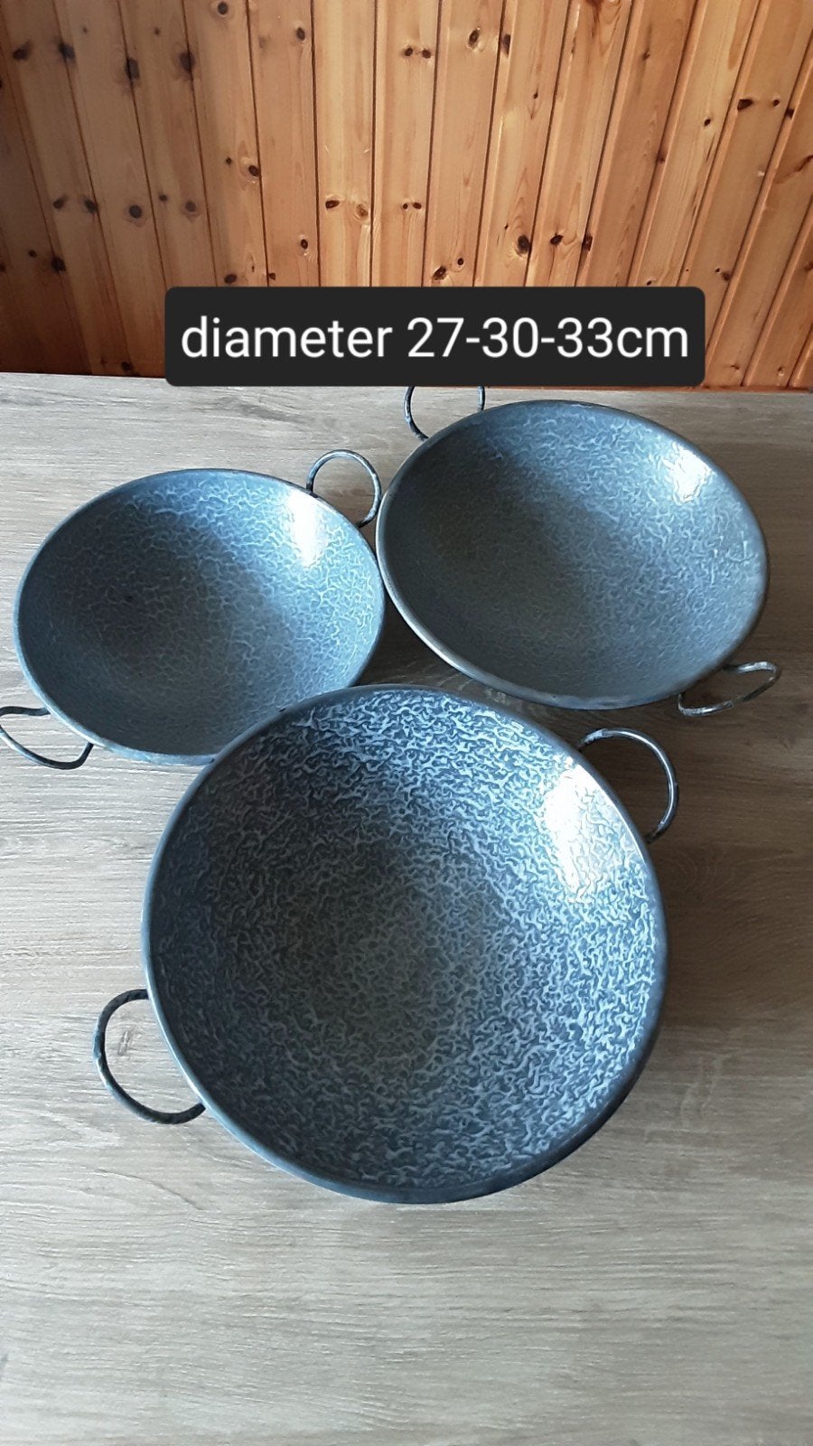 3 EMAILLE GRIJSGEWOLKTE WOKKEN., Ophalen of Verzenden