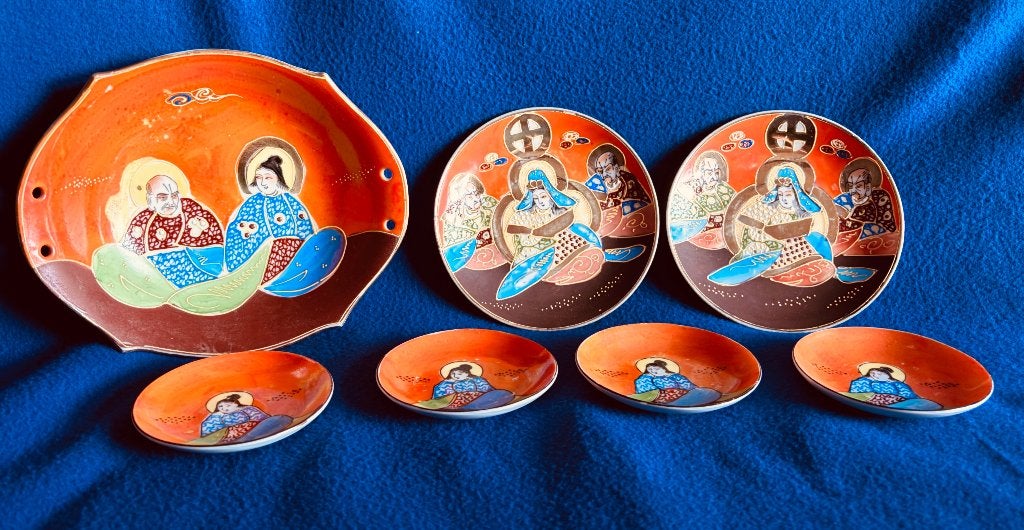Vintage Japanse Satsuma Moriage Combi-Set Oranje/Bruin, Antiek en Kunst, Ophalen