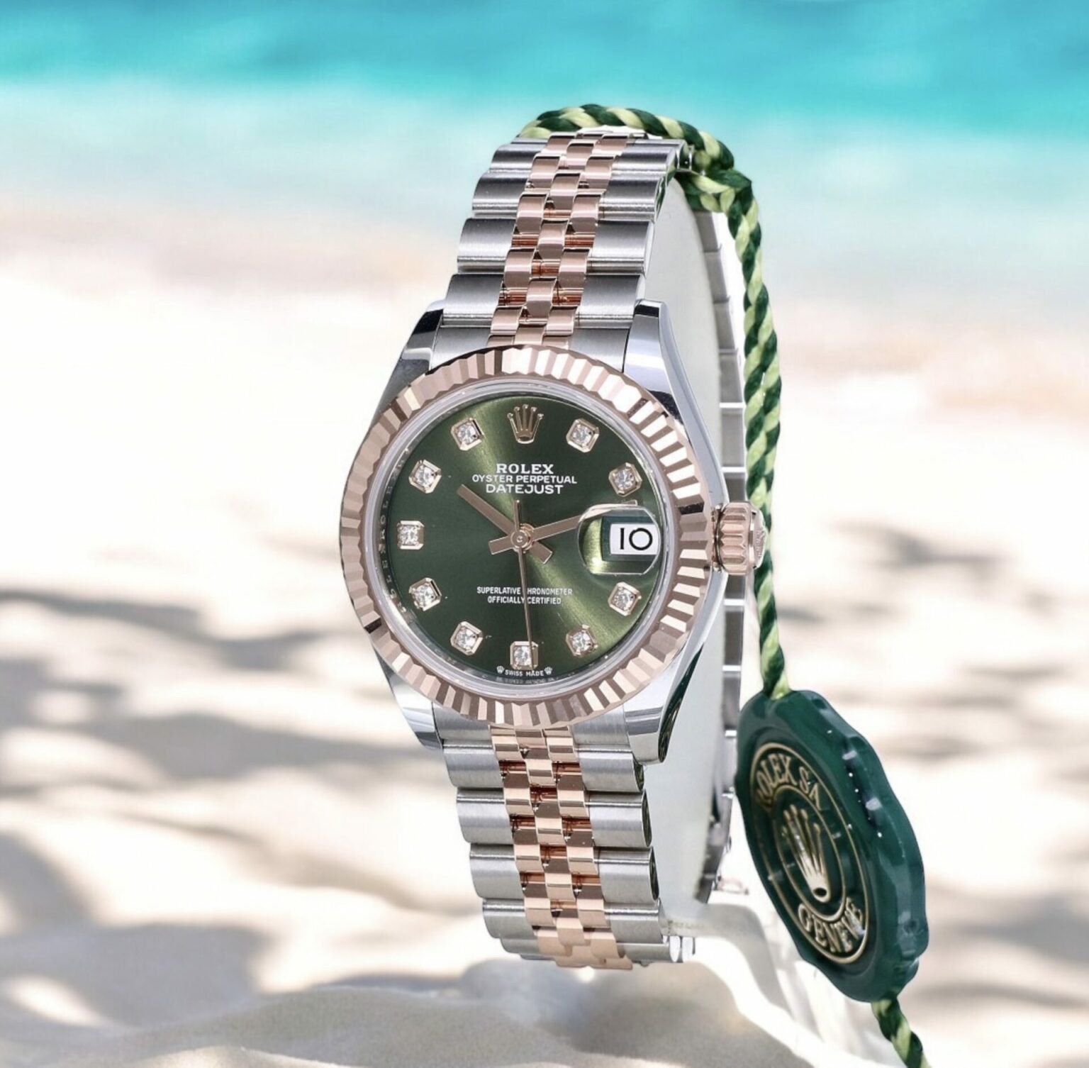Rolex Lady Datejust 28 Factory Groene Diamanten Wijzerplaat, Ophalen of Verzenden, Staal, Overige merken, 1960 of later