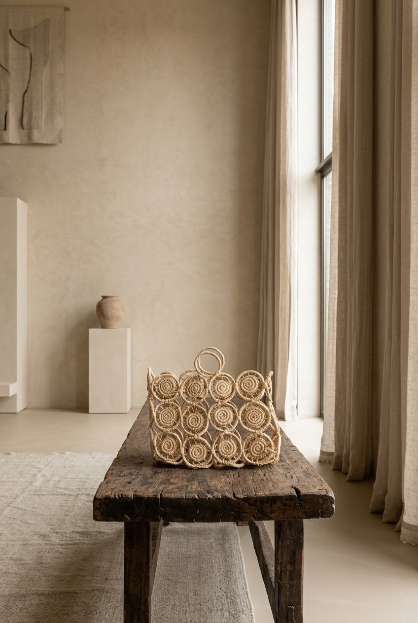 Handgemaakte 100 % raffia handtas, Beige, Ophalen of Verzenden, Natuurlijk materiaal, Landelijk