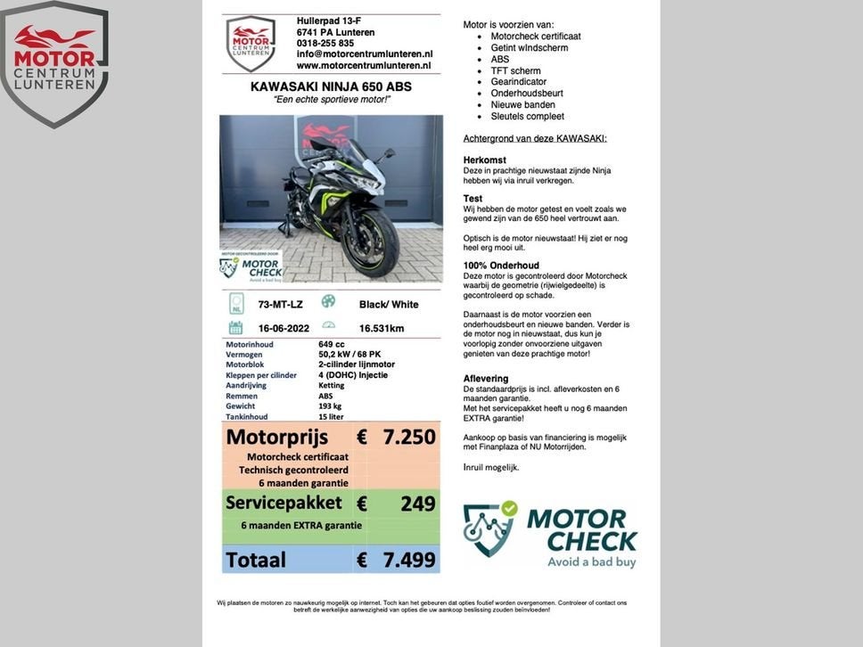 KAWASAKI NINJA 650 2022, Motoren, 2 cilinders, Bedrijf, Onbekend, KAWASAKI