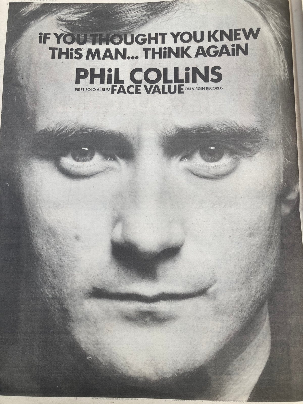 Paginagrote A3 advertentie PHIL COLLINS Face Value release, Cd's en Dvd's, Vinyl | Pop, Ophalen of Verzenden, Gebruikt