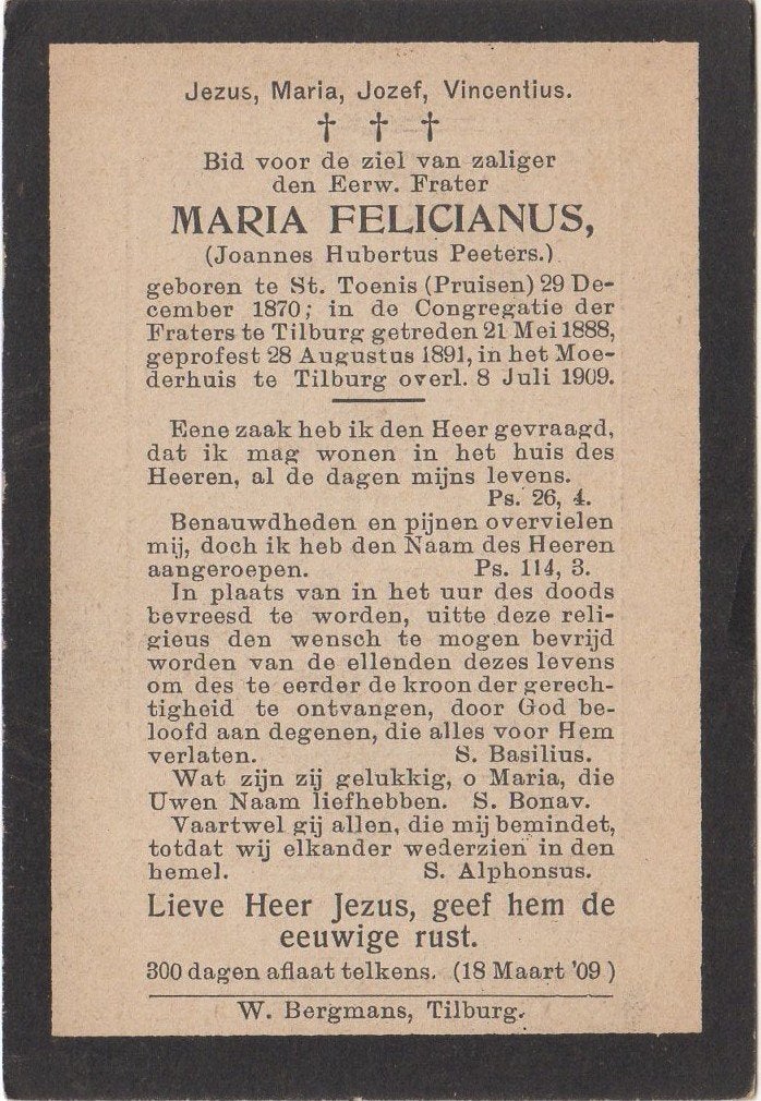 frater Joannes Peeters 1870 Pruissen + 1909 Tilburg, 38 jr, Verzenden