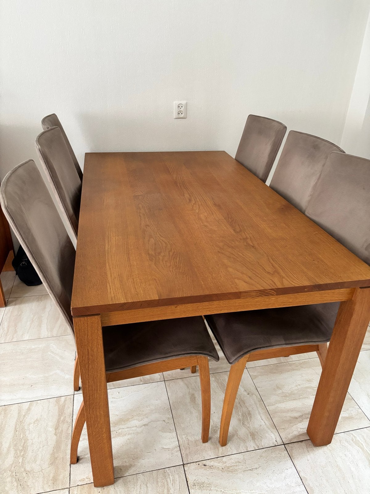 Houten eettafel met 6 stoelen, Ophalen, Gebruikt, 50 tot 100 cm, Vijf personen of meer