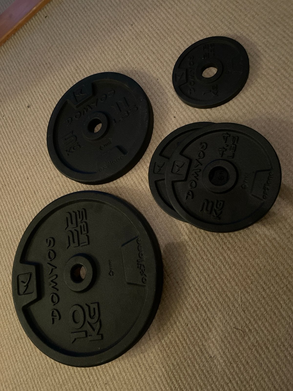 Domyos Halterschijven Set (10kg, 5kg, 2x 2kg, 1kg), Ophalen of Verzenden, Gebruikt, Halterschijven