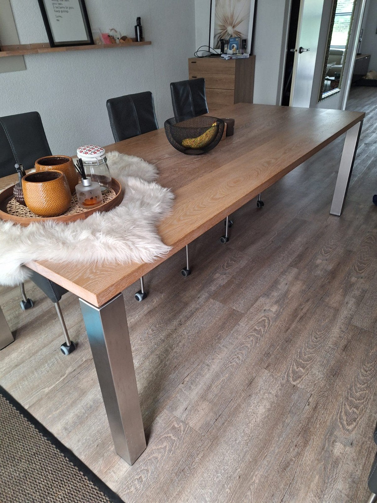 Massief eikenhouten eettafel B 240 cm H 77 D 100, Ophalen, Gebruikt, 200 cm of meer, 50 tot 100 cm