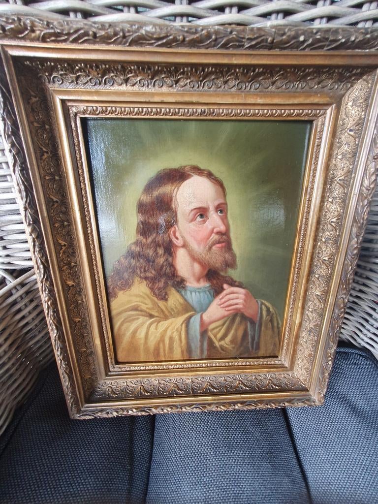 Antiek Schilderij Jezus Christus Olieverf in Gouden Lijst, Ophalen of Verzenden