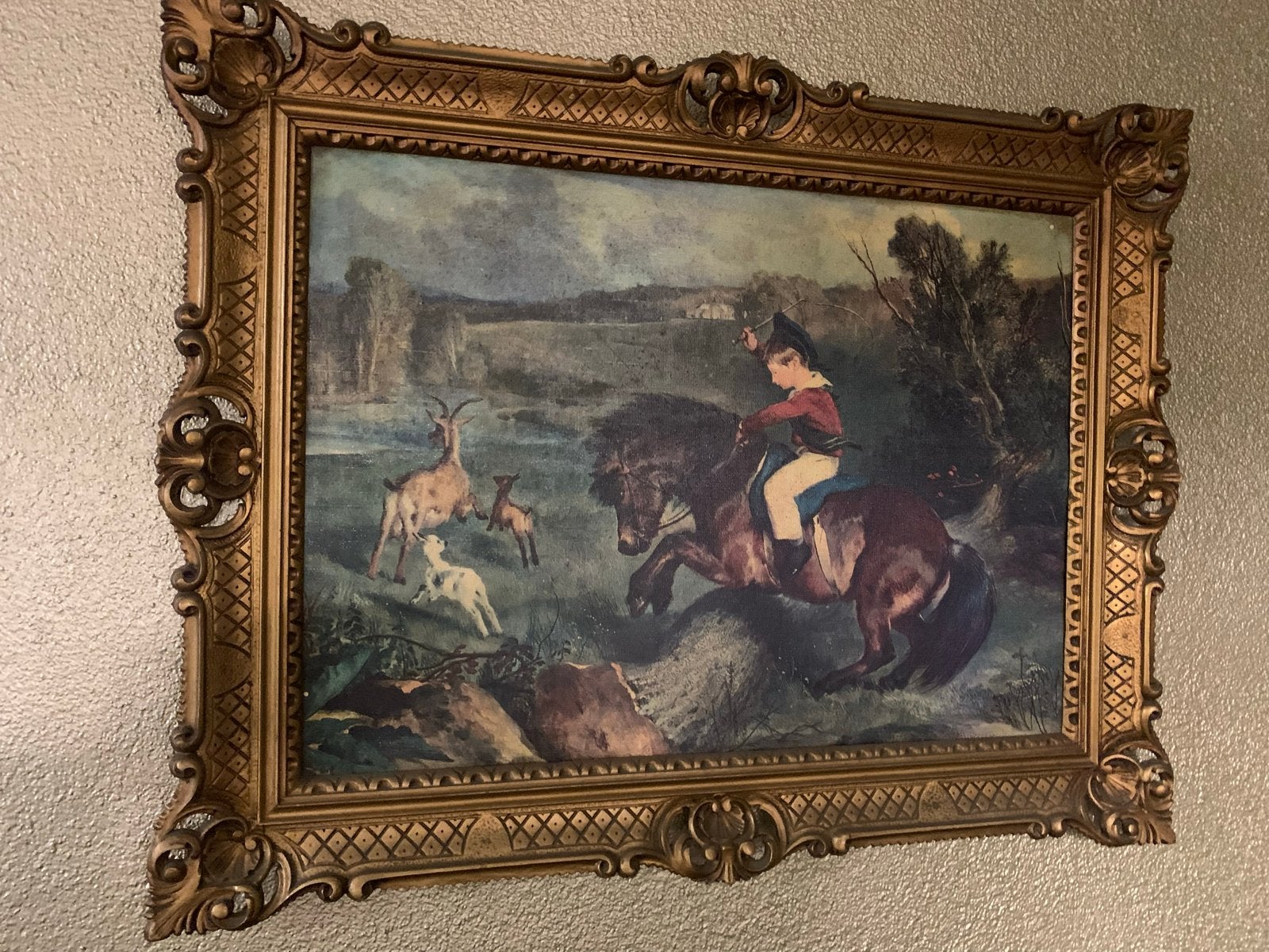 Klassiek Schilderij: Jongen te Paard met Geiten, Antiek en Kunst, Kunst | Schilderijen | Klassiek, Ophalen, Doek, Portret of Personen