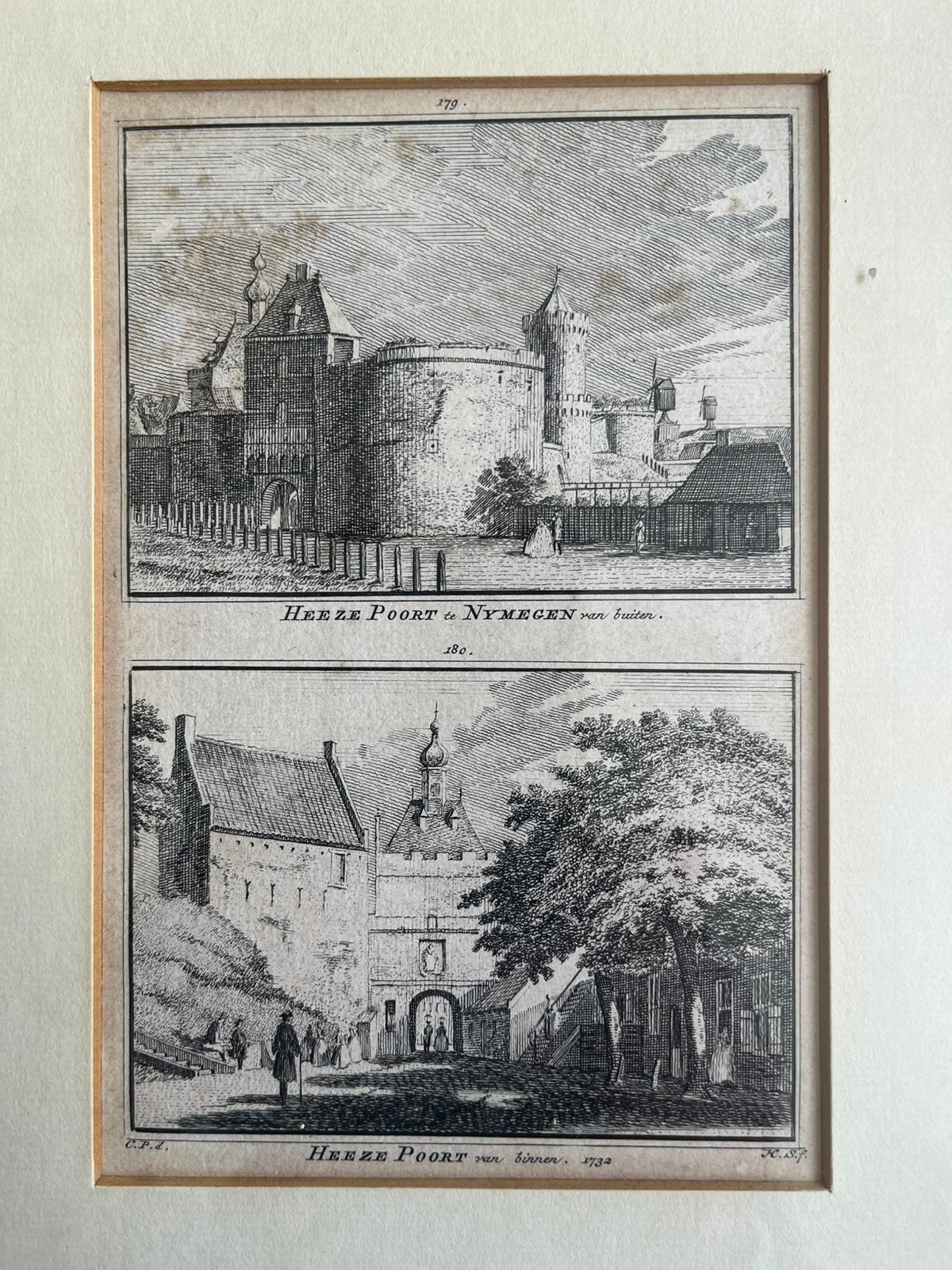 Dubbele gravure Nijmegen, Heezepoort, Stadsgezicht, 22 cm, Ophalen of Verzenden, Gravure