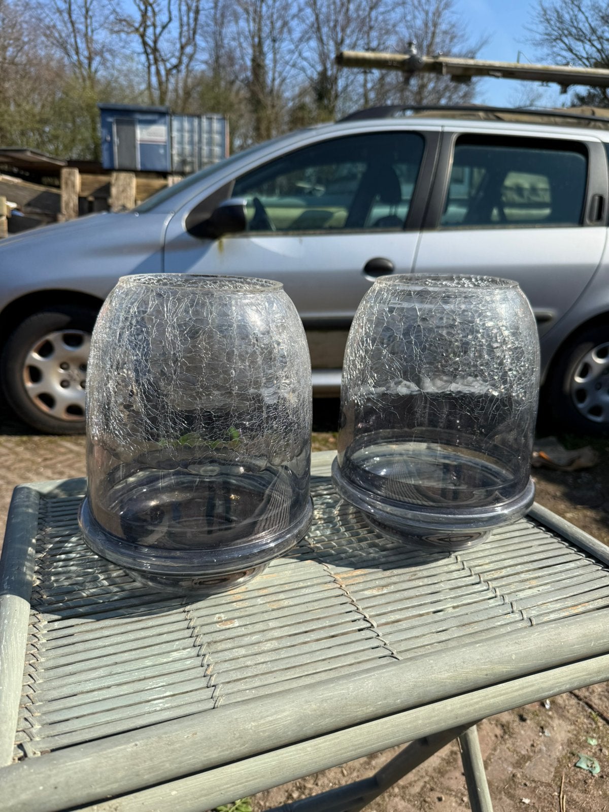 Glazen stolp/kaarsenhouder - craquelé/ijsglas - 2 stuks, Windlicht, Ophalen of Verzenden, X, 25 cm