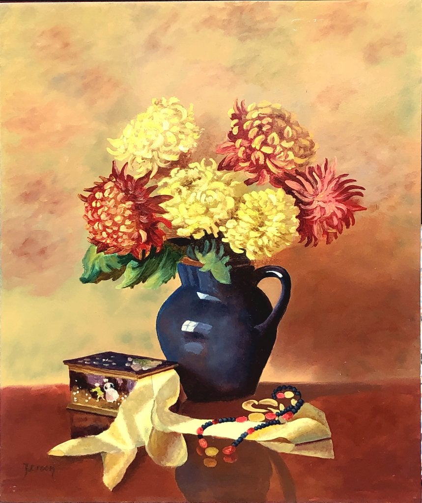 J. Croon Schilderij 'Blauwe kruik met Dahlia's', Ophalen of Verzenden