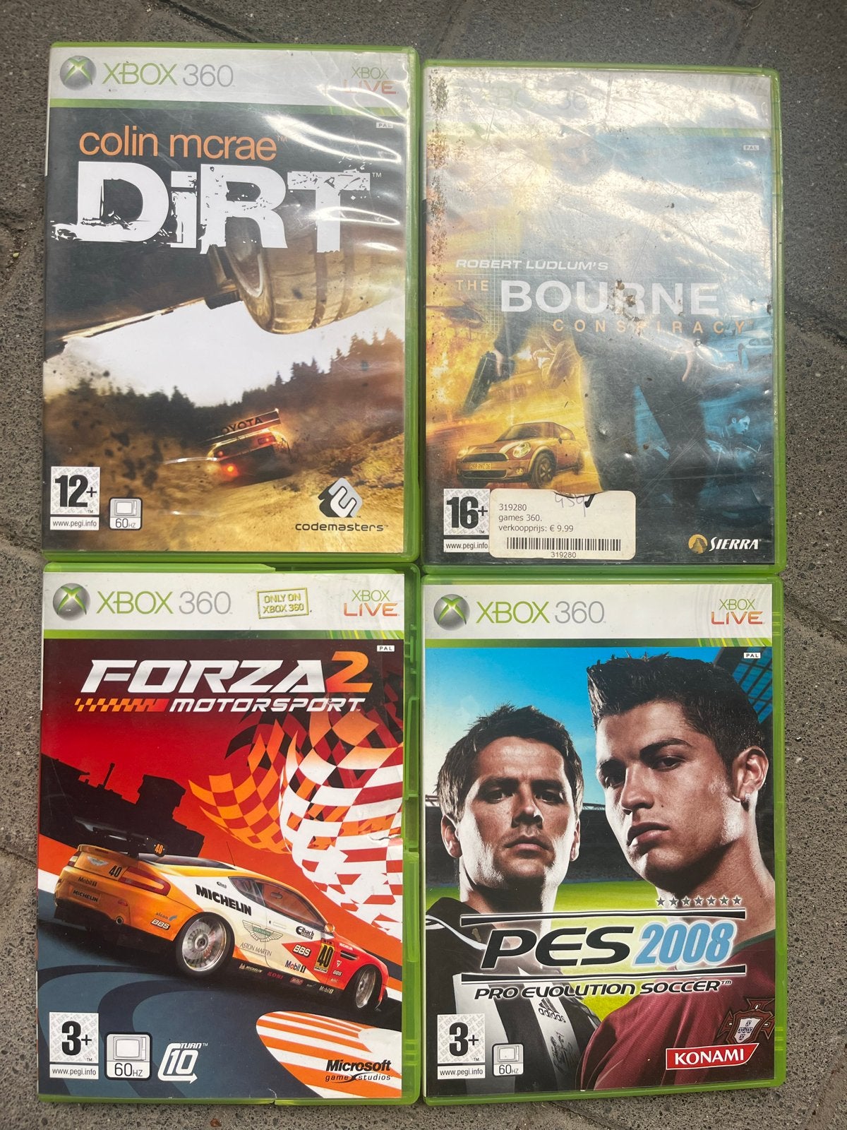 Xbox 360 met 4 games: Dirt, Bourne, Forza 2, PES 2008, Spelcomputers en Games, Games | Xbox 360, Ophalen, Gebruikt, 1 speler, Racen en Vliegen