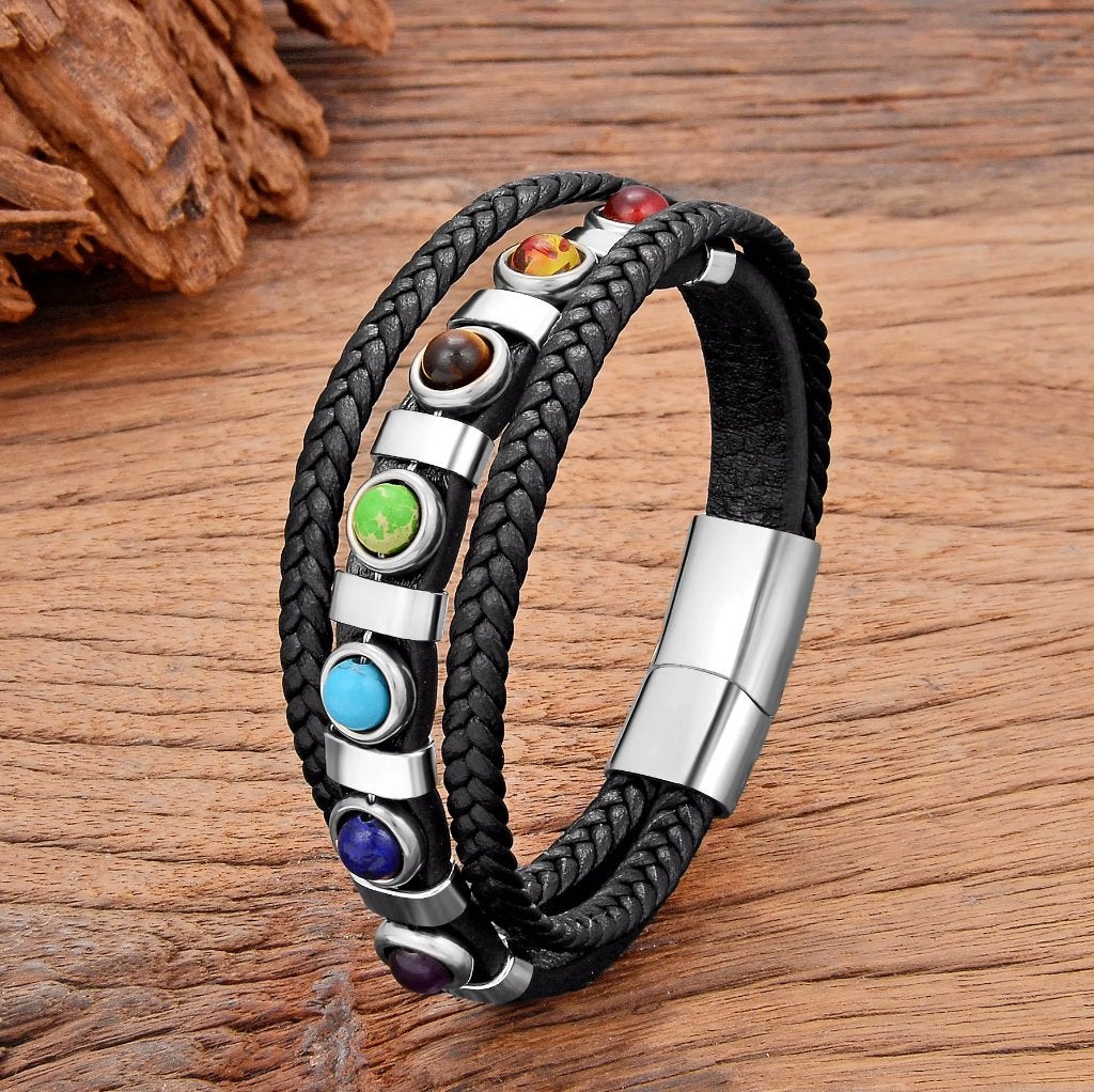 Zwarte Leren Chakra Armband Met Stenen, Verzenden, Zwart, Nieuw, Leer