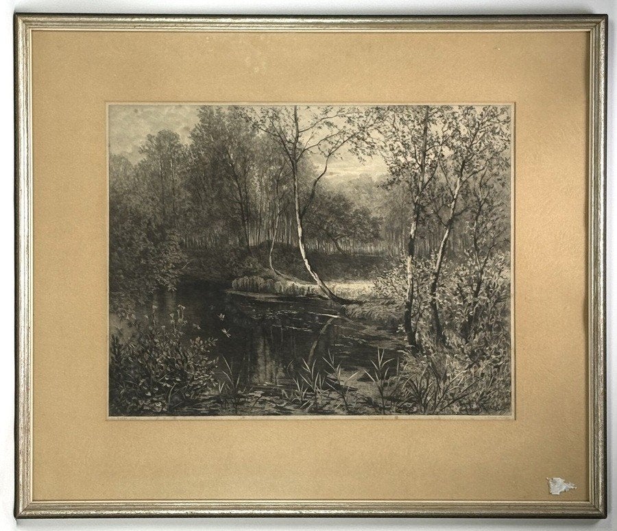 193. Ets, Julius Mařák–"Lesní tůňka", Tsjechië, 19e eeuw, Ophalen, Ingelijst, Ets, Landschap