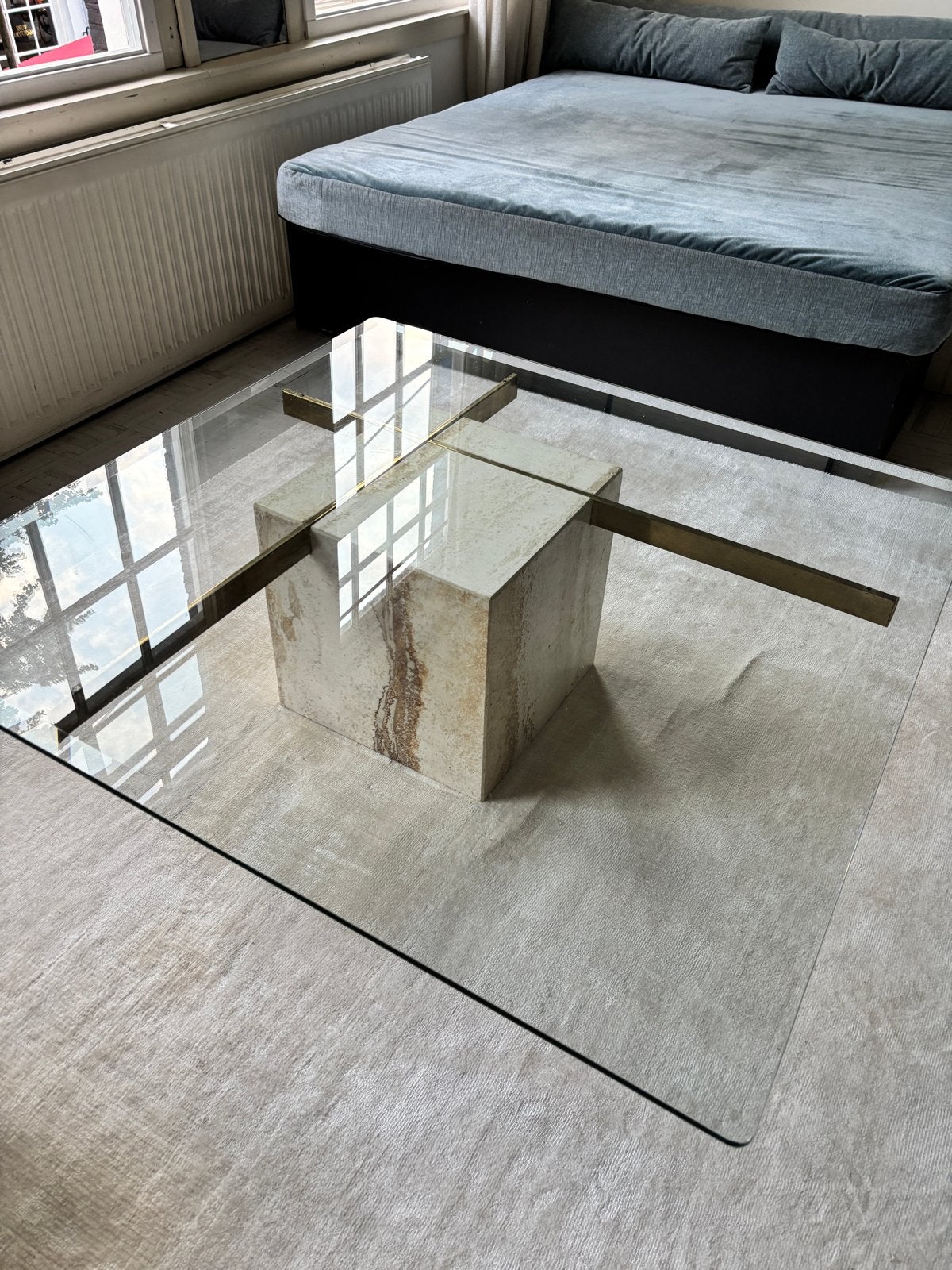 Artedi vintage travertine, brass, glass coffee table 1970, Ophalen, 50 – 75, Gebruikt, 100 tot 150 cm