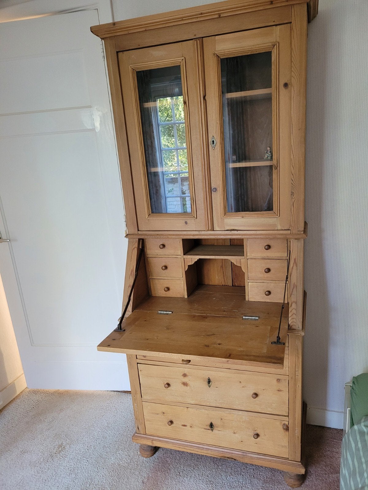 Grenen klepsecretaire met vitrinekast - Antiek meubel, Ophalen