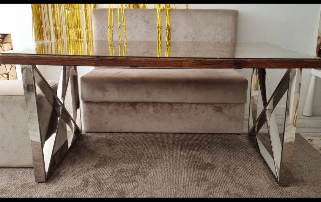 Eettafel met glasplaat en sleeperwood bank/stoelen, Huis en Inrichting, Ophalen of Verzenden, Gebruikt, Glas