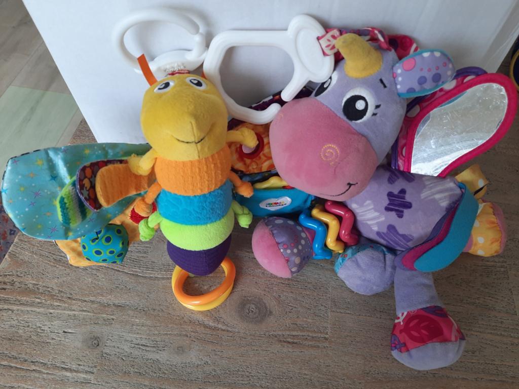 2 wagenhangers van Lamaze en Playgro, knisper, piep, spiegel, Gebruikt, Ophalen of Verzenden, Meerkleurig, Eenhoorn