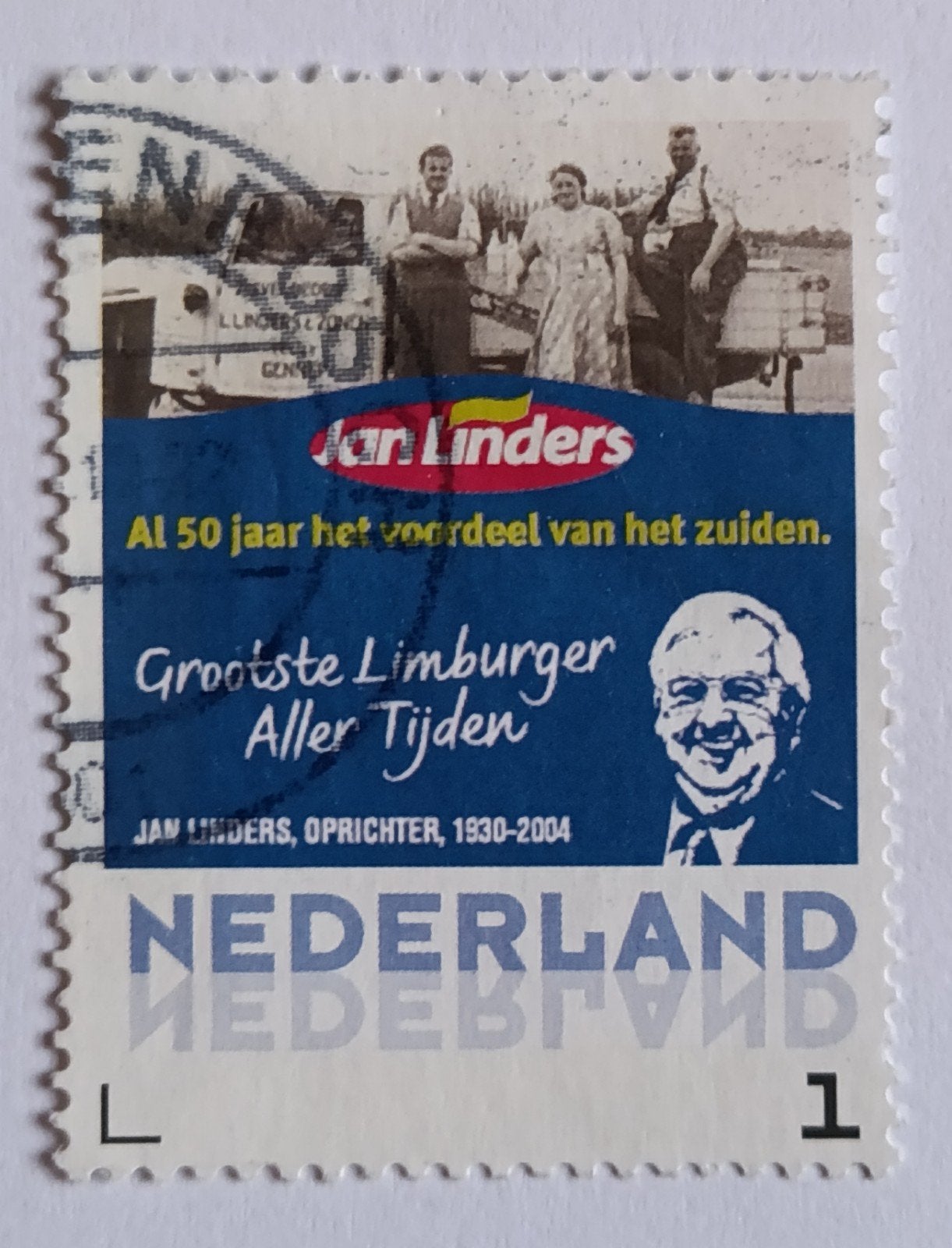 Persoonlijke Postzegel Jan Linders Oprichter 1930-2004, Ophalen of Verzenden, Na 1940, Gestempeld