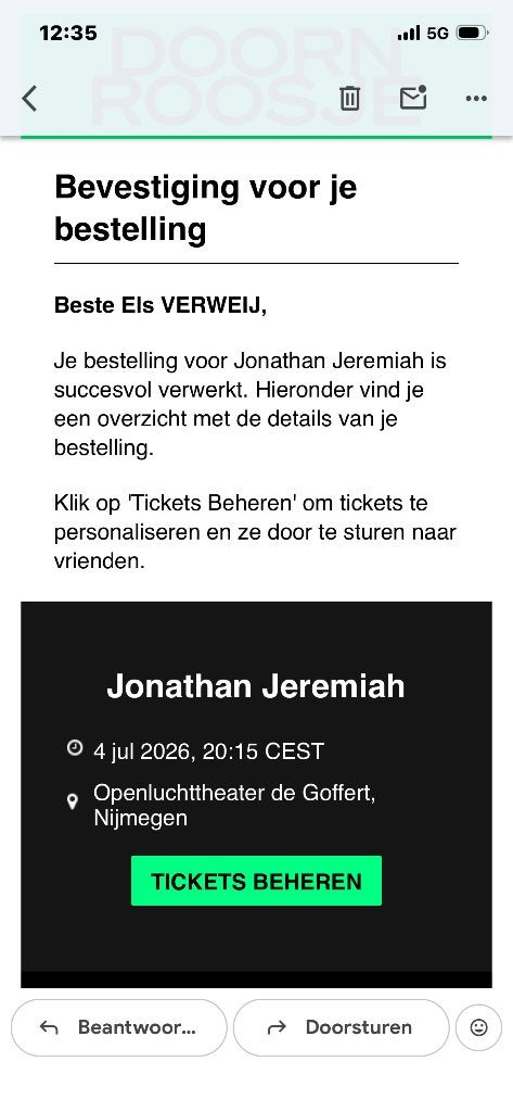 Kaartjes Jonathan Jeremiah Nijmegen, Tickets en Kaartjes, Twee personen, Juli