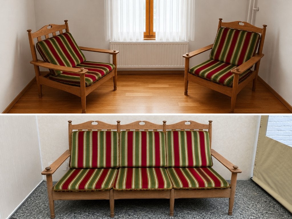 Bankstel met houten frame, Ophalen, Gebruikt, Driepersoons, Rechte bank