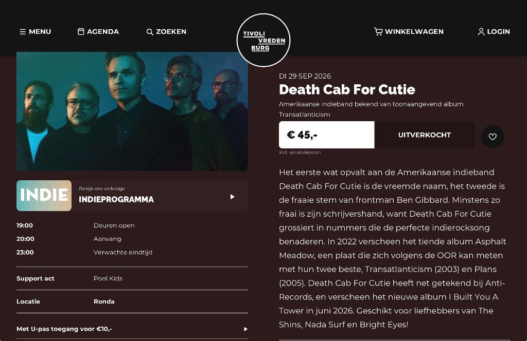 2 tickets death cab for cutie - tivoli vredenburg - 29 sept, Twee personen, September