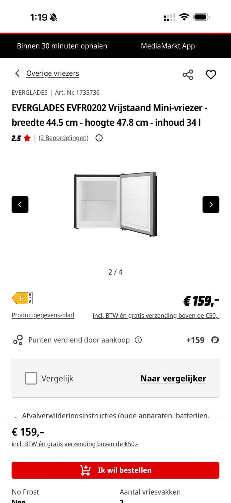 Everglades EVFR0202 Mini Vriezer (34L) – Uitstekende Staat, Witgoed en Apparatuur, Koelkasten en IJskasten, Ophalen, Met vriesvak