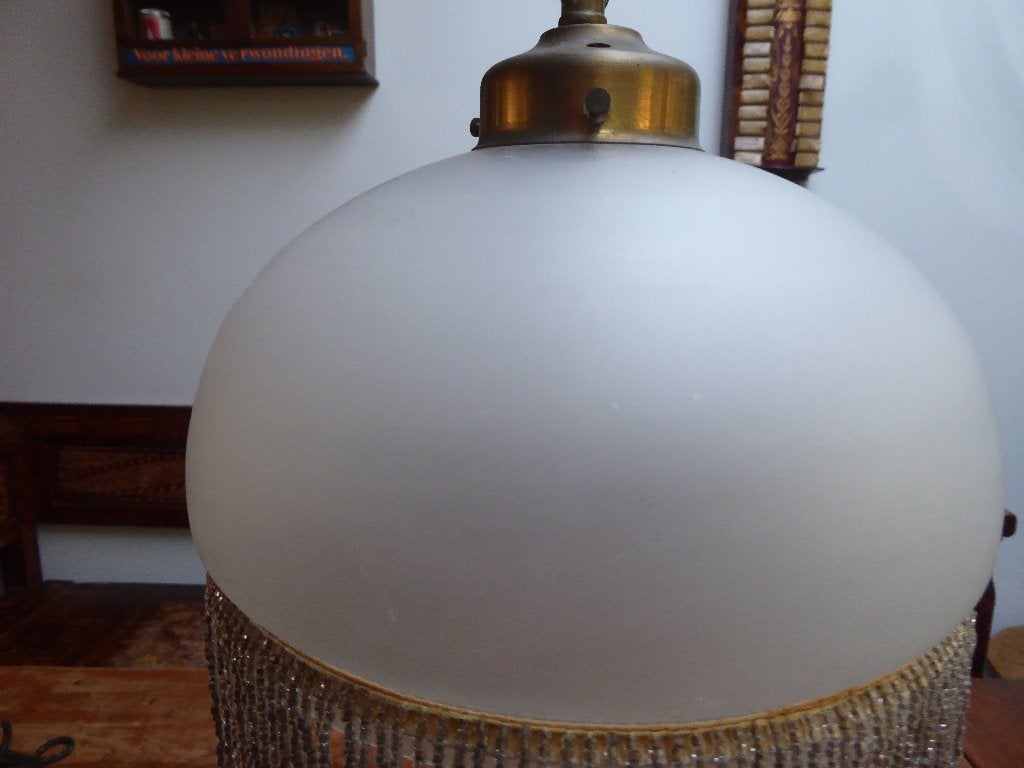 Art deco matglazen lamp met kralenrand, Ophalen of Verzenden