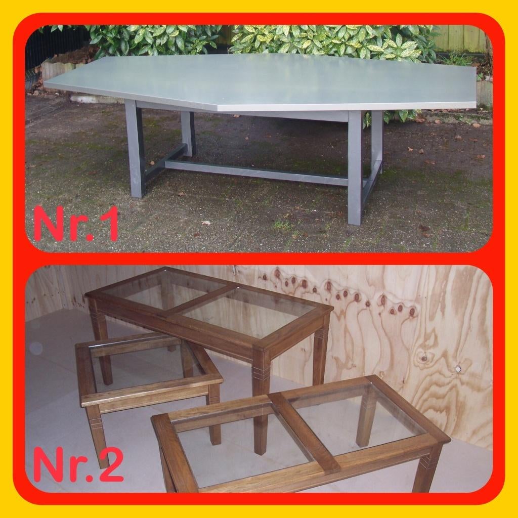 160. Drie tafels glas eikenhout en grote tafel grijs gelakt, Ophalen, Gebruikt, 50 tot 100 cm, Glas