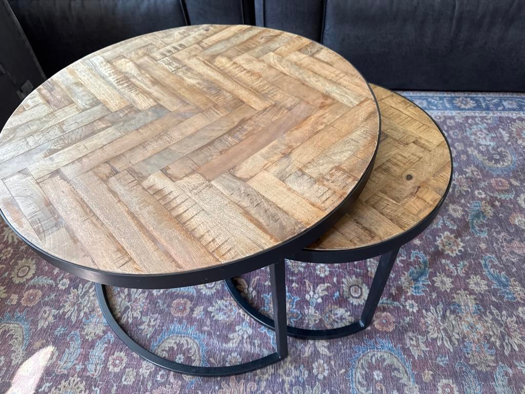 Set van 2 ronde salontafels, mangohout en metaal, Ophalen, Rond, 50 tot 100 cm, Zo goed als nieuw