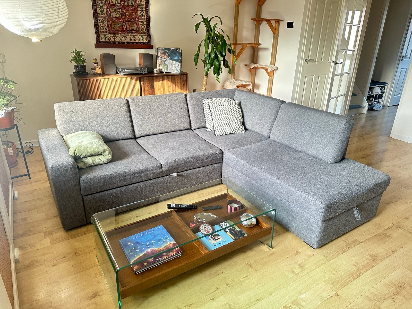 Grijze slaapbank met chaise longue, 226x200 cm