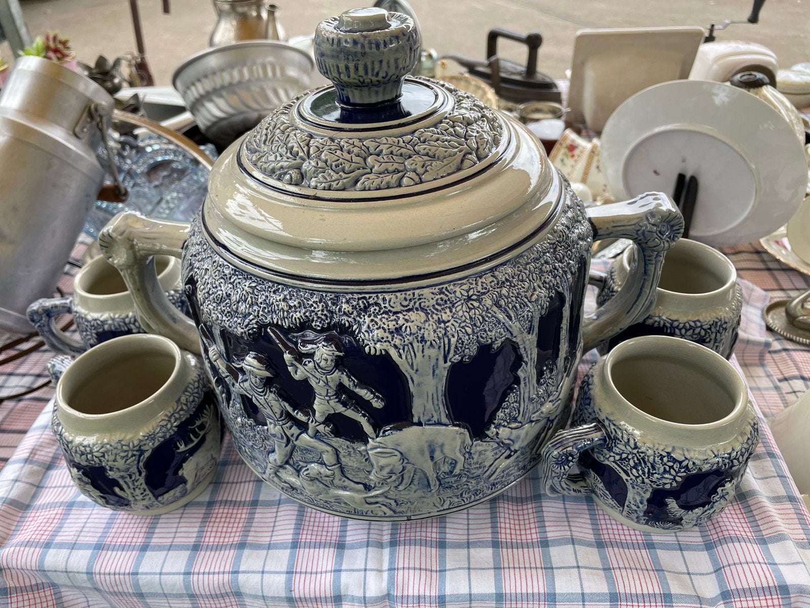 Vintage Stoneware Punch Bowl Set met Jachtscène, Ophalen
