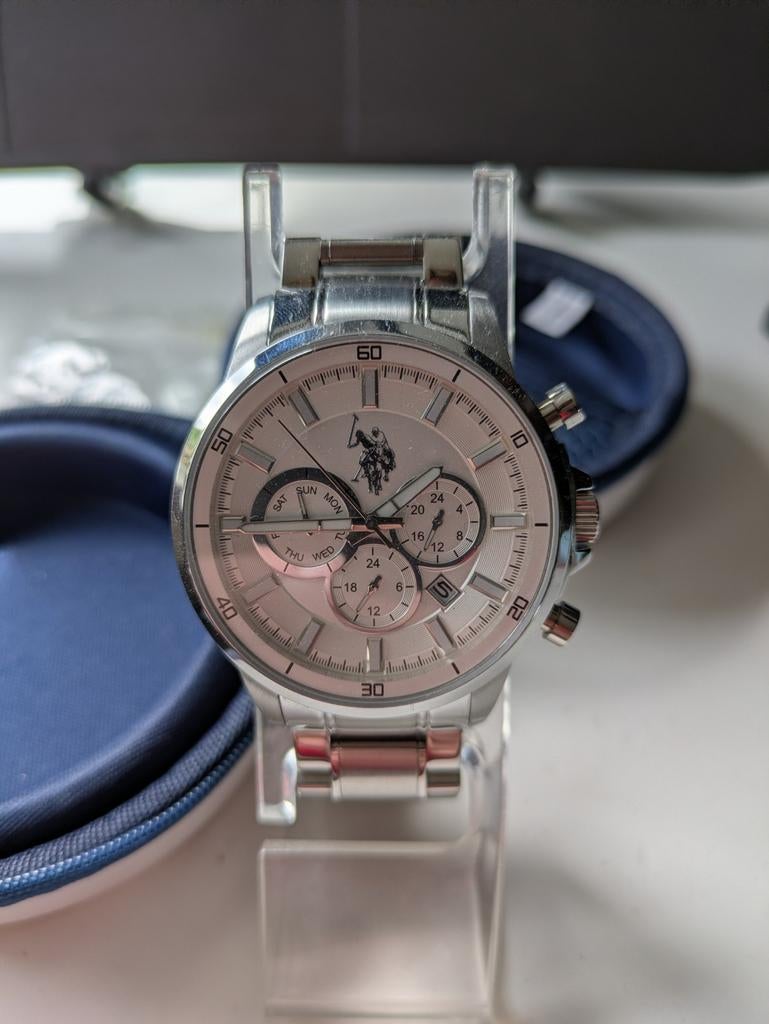 Wit metaal chronograaf horloge, Sieraden, Tassen en Uiterlijk, Overige merken, Staal, Staal, Polshorloge