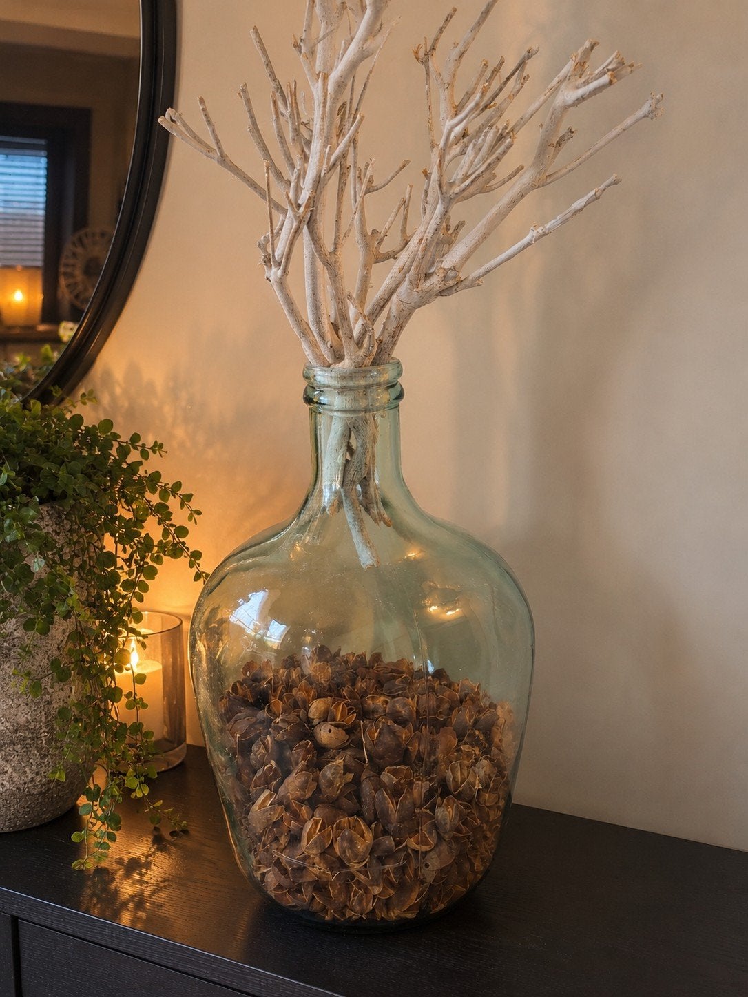 Grote glazen decoratiefles met witte takken | Landelijk & sf, Ophalen of Verzenden, Glas