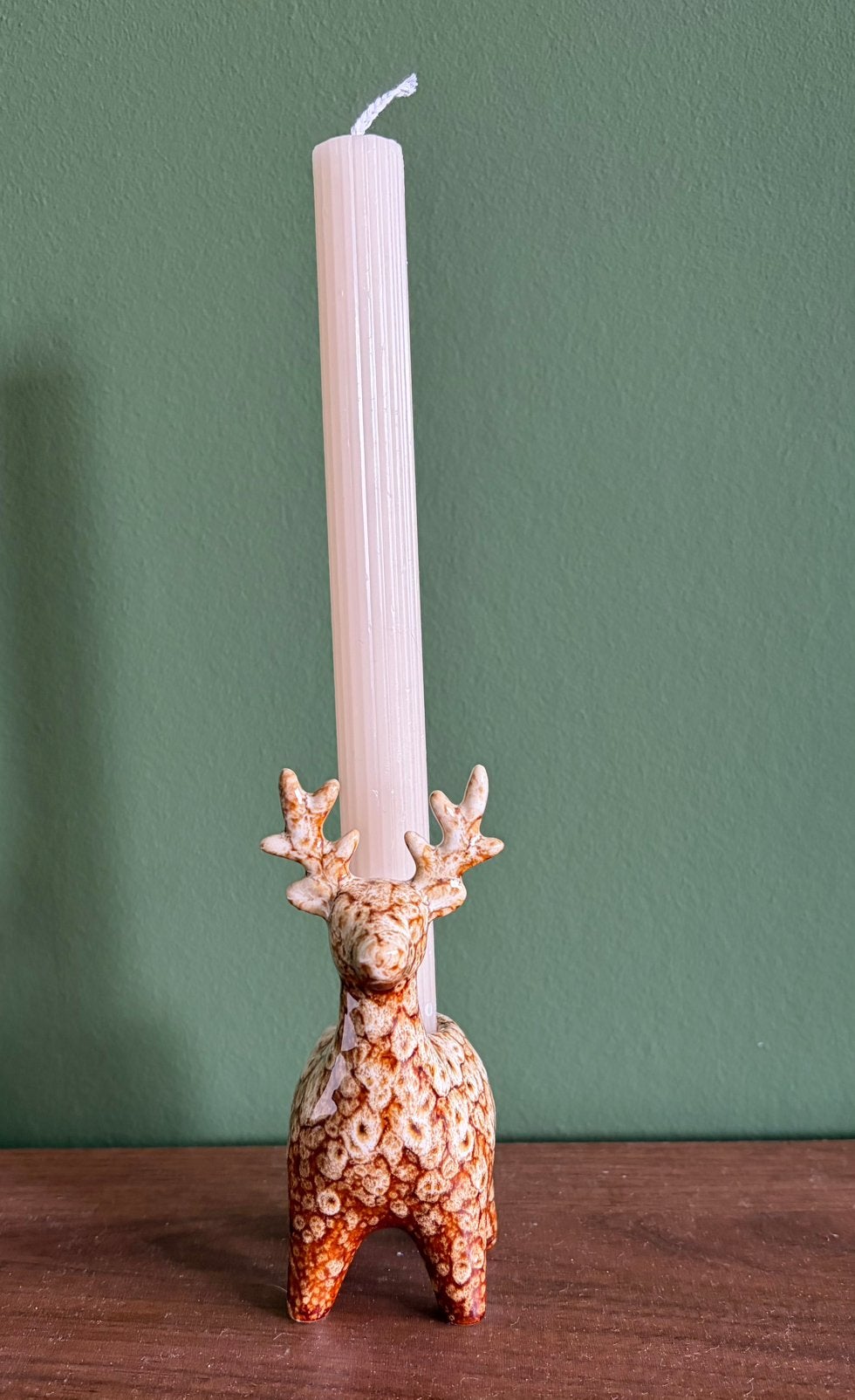 Kandelaar hert vintage patroon bruin / beige, Ophalen of Verzenden, Zo goed als nieuw, Kaars, 12 cm