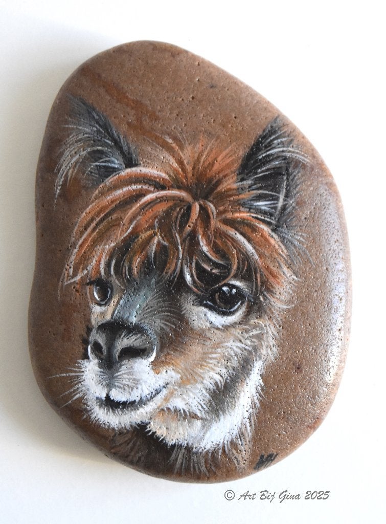 Portret van een bruine Alpaca geschilderd op riviersteen, Ophalen of Verzenden