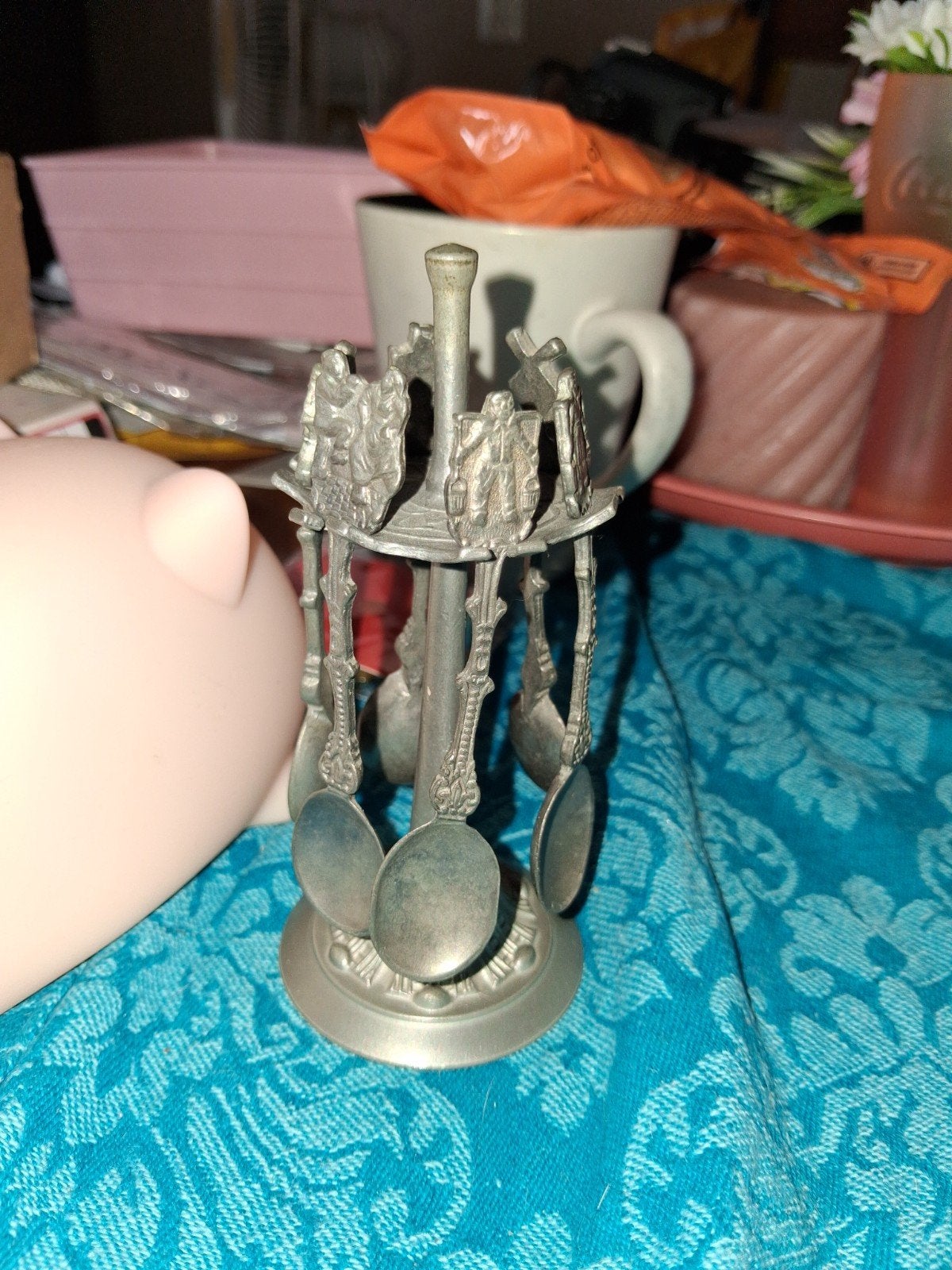 Vintage tinnen lepelrek met 6 lepeltjes, Ophalen of Verzenden