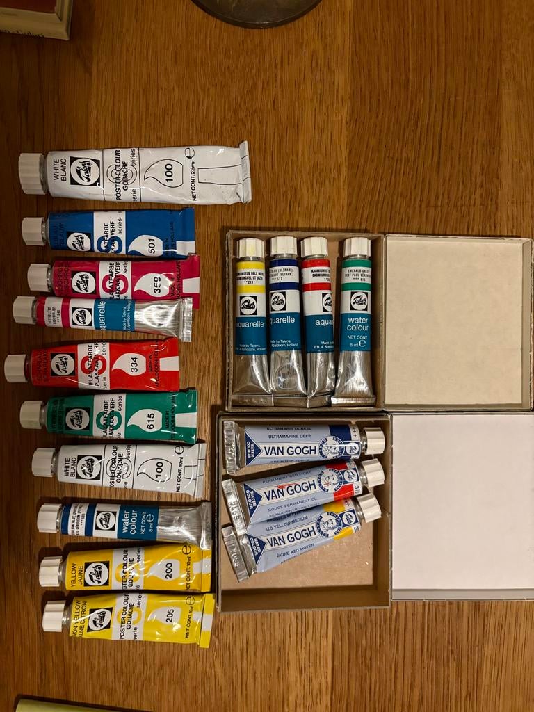 Hobby doos met verf en spatels, Hobby en Vrije tijd, Schilderen, Ophalen, Gebruikt, Acrylverf